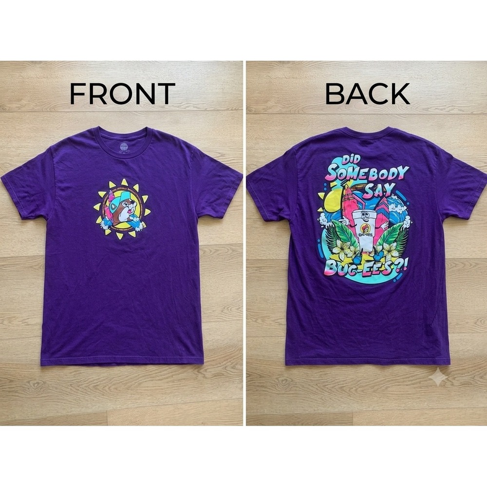Buc-ee's Mens Purple Graphic‎ T-Shirt XL Tropical Surfing Beaver Texas Souvenir